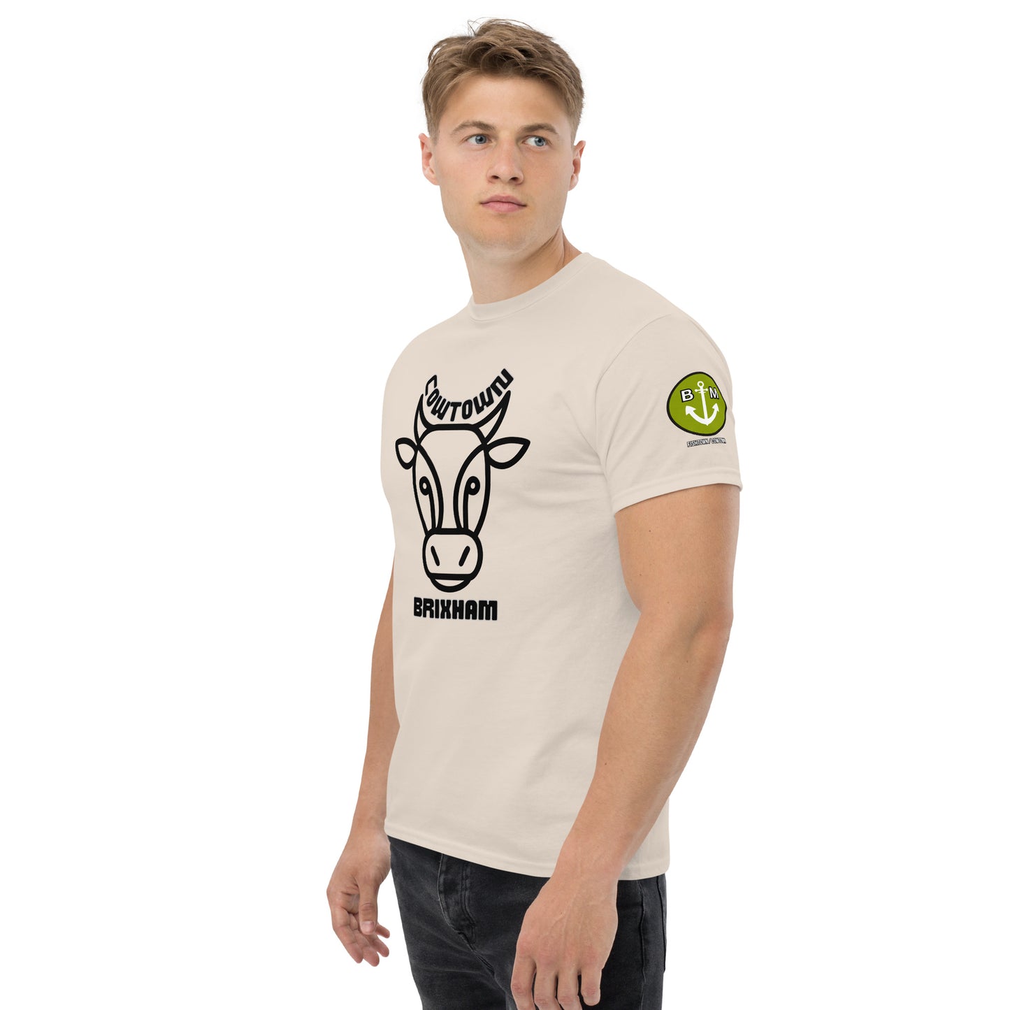 BRIXHAM BM Cowtown Men's classic tee front and left with logo natural