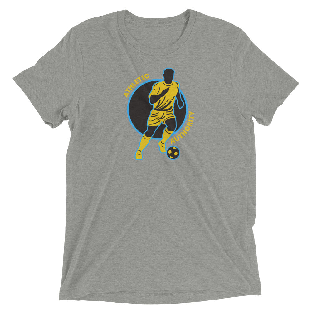 Athletic Authority" Soccer Yellow Blue" Unisex Tri-Blend Short sleeve t-shirt