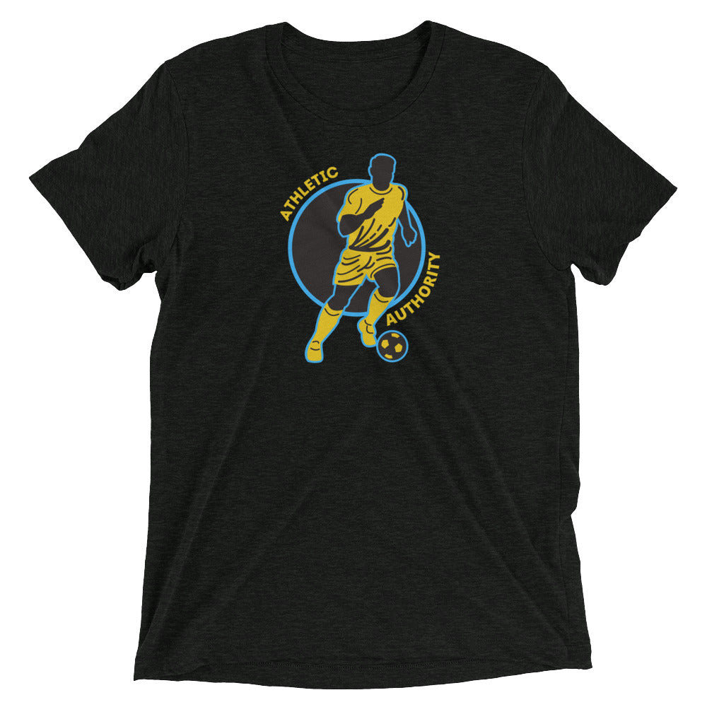 Athletic Authority" Soccer Yellow Blue" Unisex Tri-Blend Short sleeve t-shirt