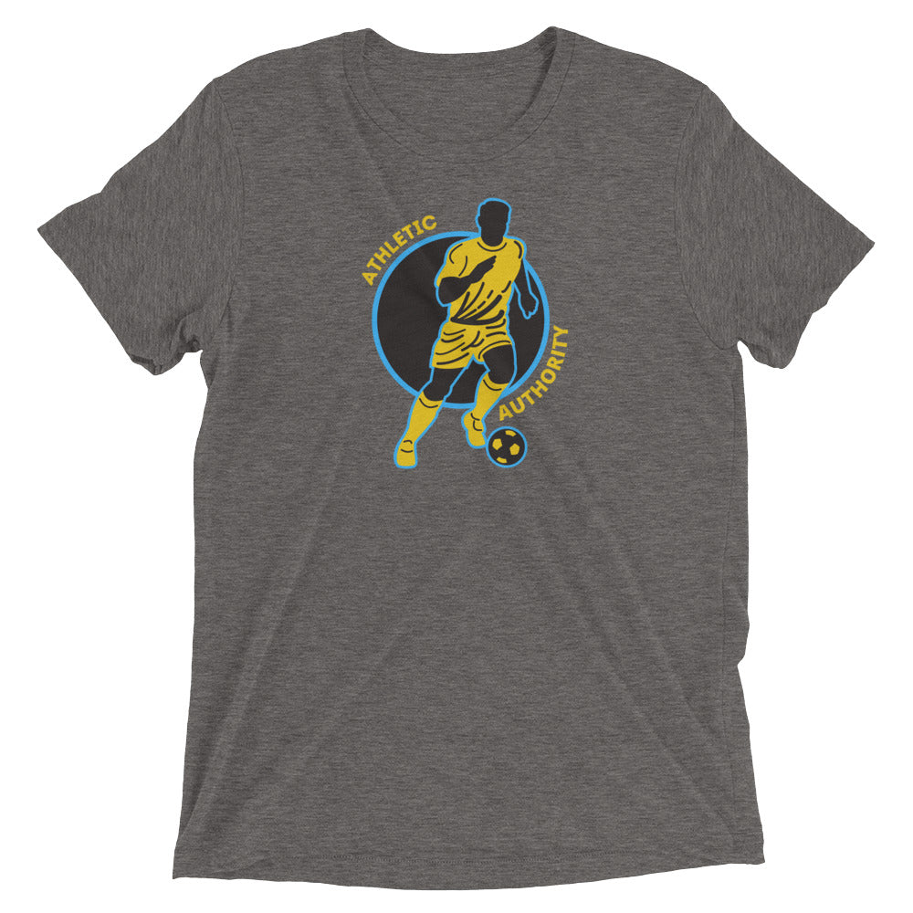 Athletic Authority" Soccer Yellow Blue" Unisex Tri-Blend Short sleeve t-shirt