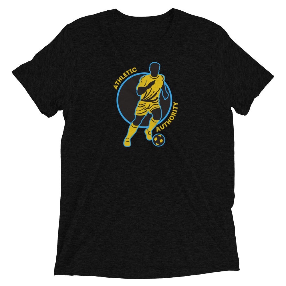Athletic Authority" Soccer Yellow Blue" Unisex Tri-Blend Short sleeve t-shirt