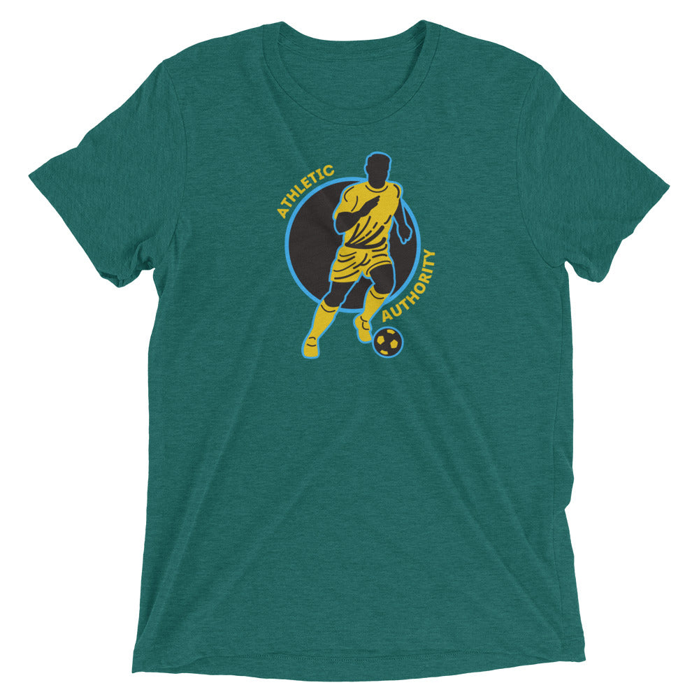 Athletic Authority" Soccer Yellow Blue" Unisex Tri-Blend Short sleeve t-shirt