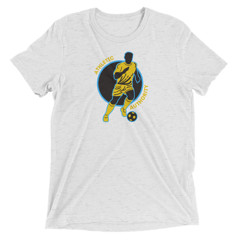 Athletic Authority" Soccer Yellow Blue" Unisex Tri-Blend Short sleeve t-shirt
