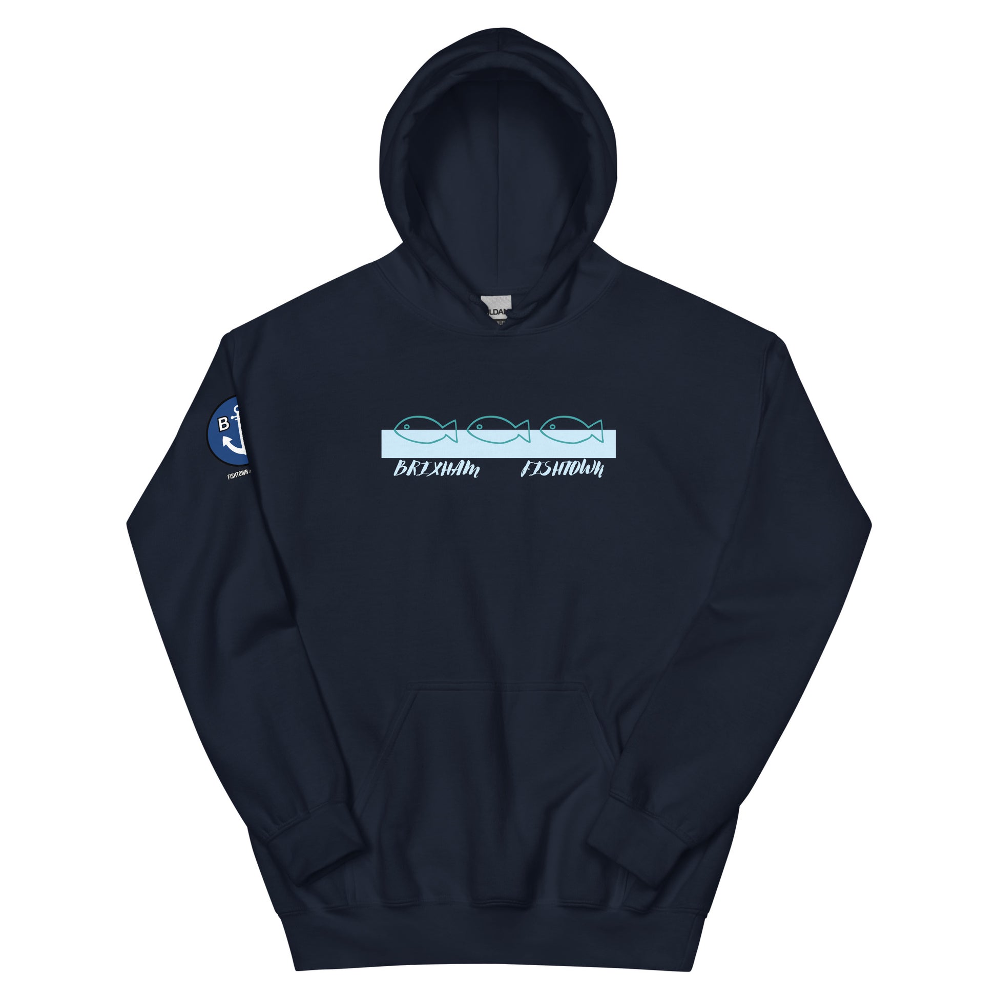 BRIXHAM BM 3 Fish Unisex Hoodie front navy blue