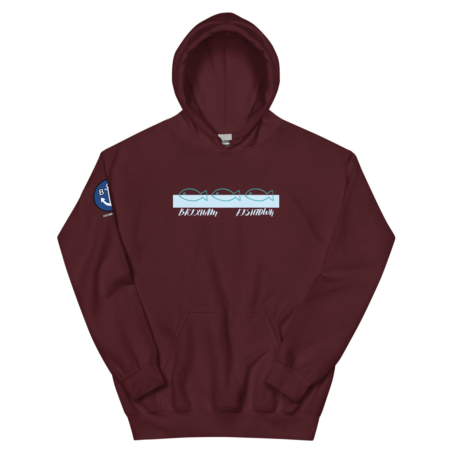 BRIXHAM BM 3 Fish Unisex Hoodie front maroon