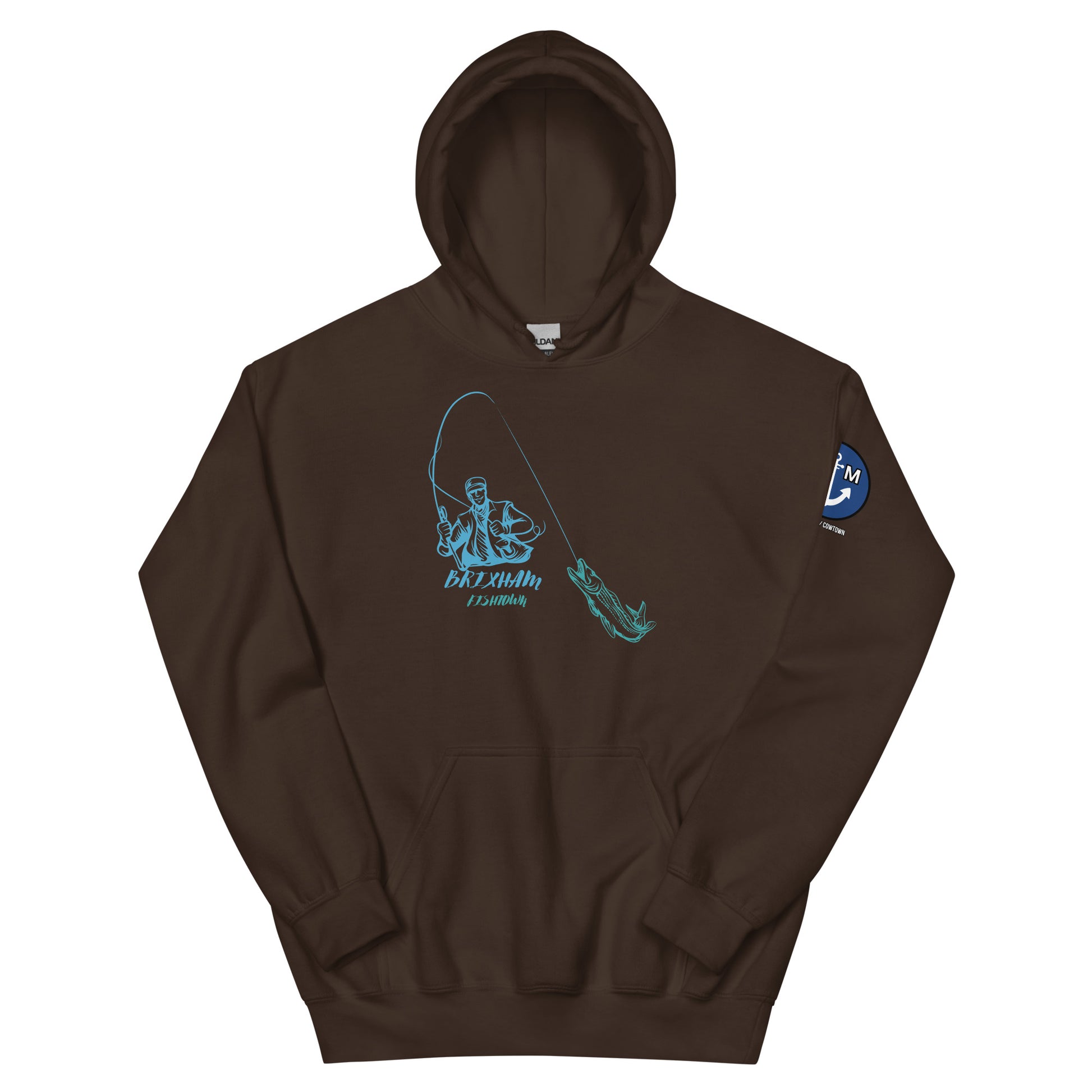 BRIXHAM BM Fishing Unisex Hoodie front dark chocolate