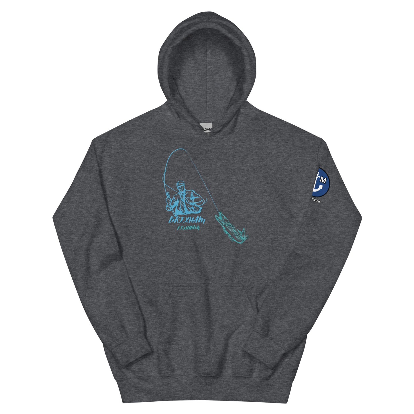 BRIXHAM BM Fishing Unisex Hoodie front dark heather