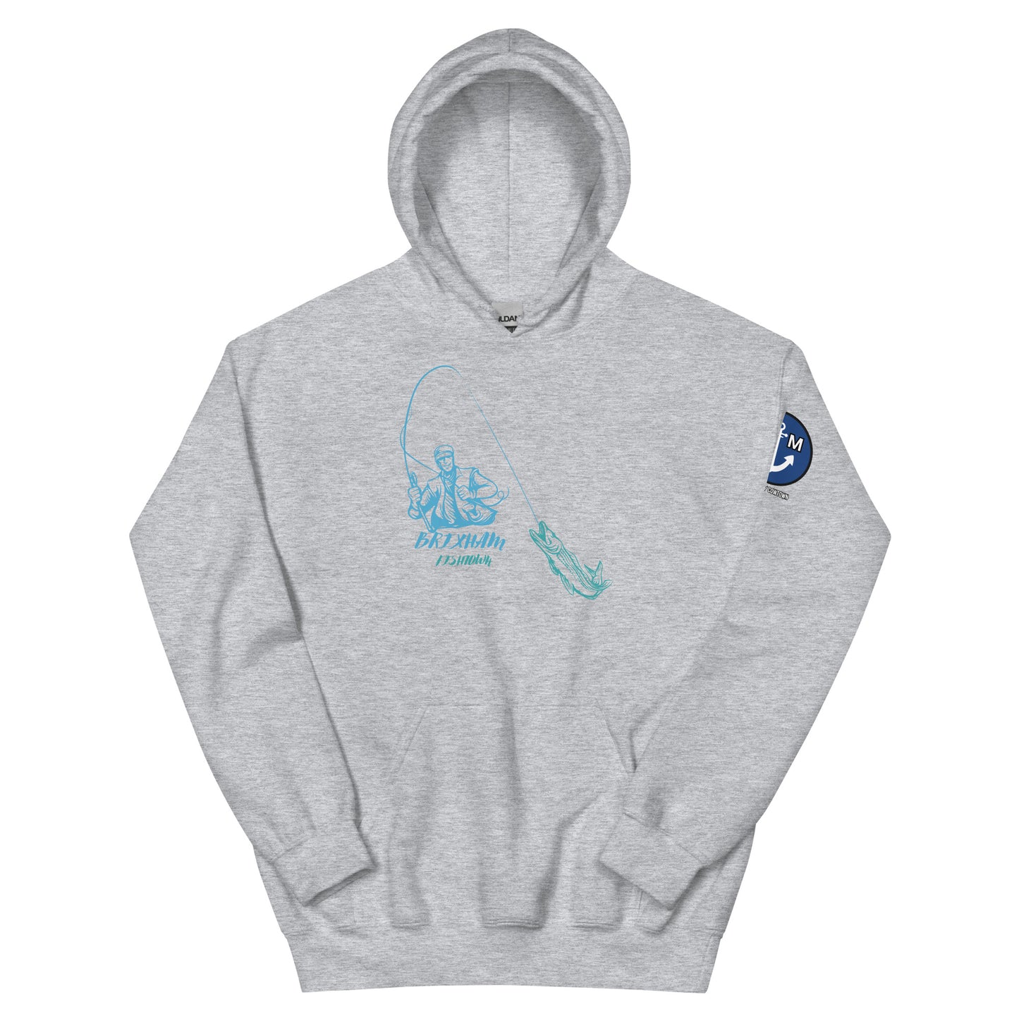 BRIXHAM BM Fishing Unisex Hoodie front grey