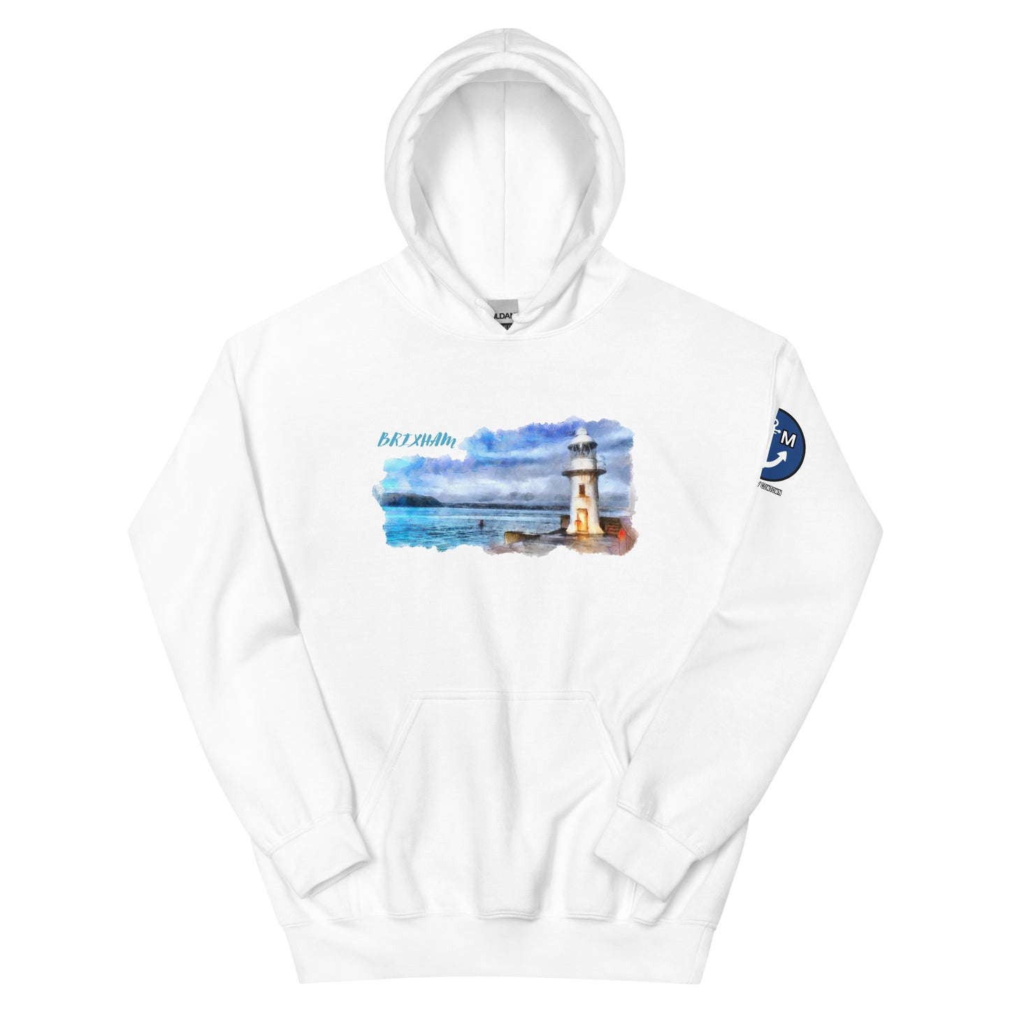 BRIXHAM BM Lighthouse Unisex Hoodie front white