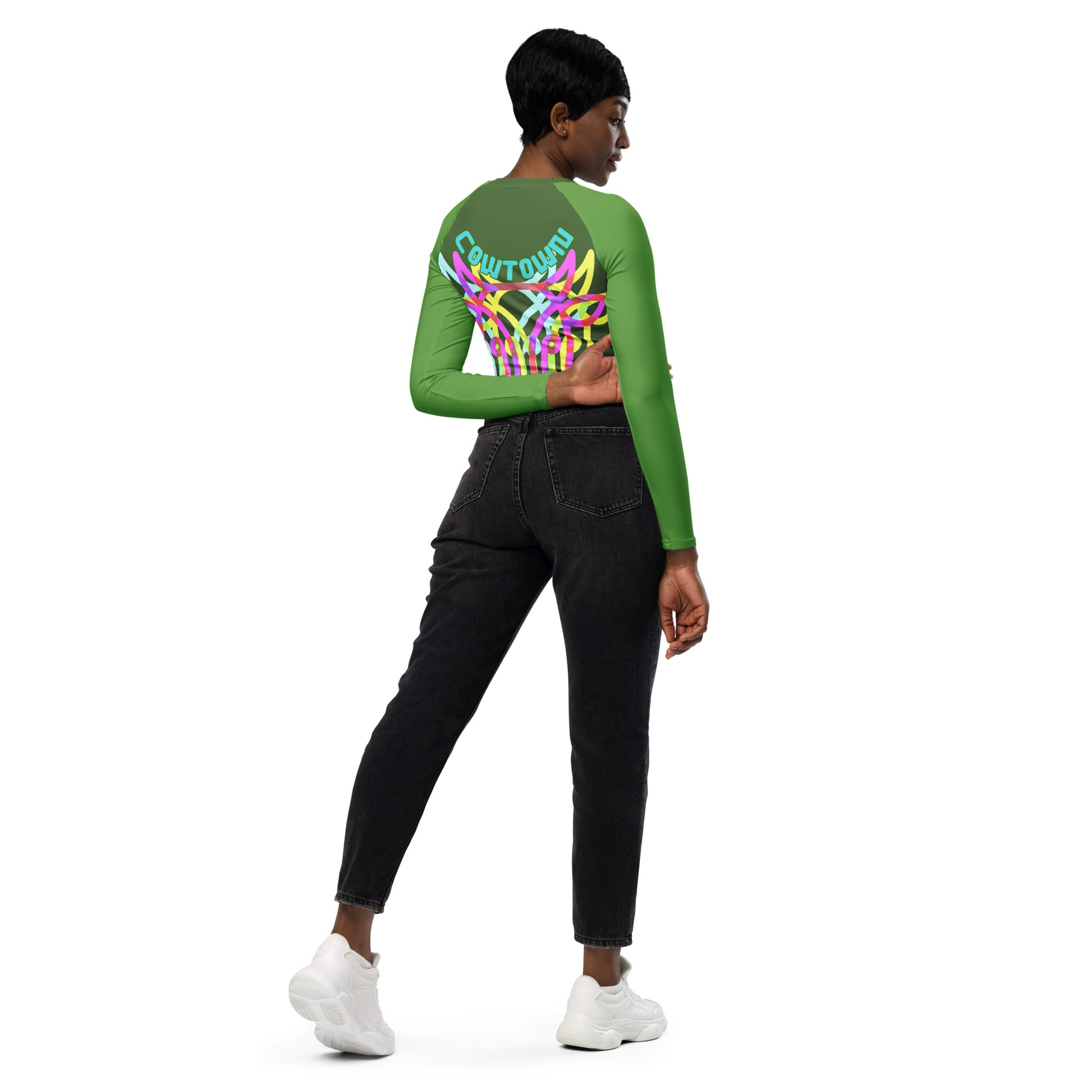 BRIXHAM BM Cowtown Recycled long-sleeve crop top duo green back with cowtown design