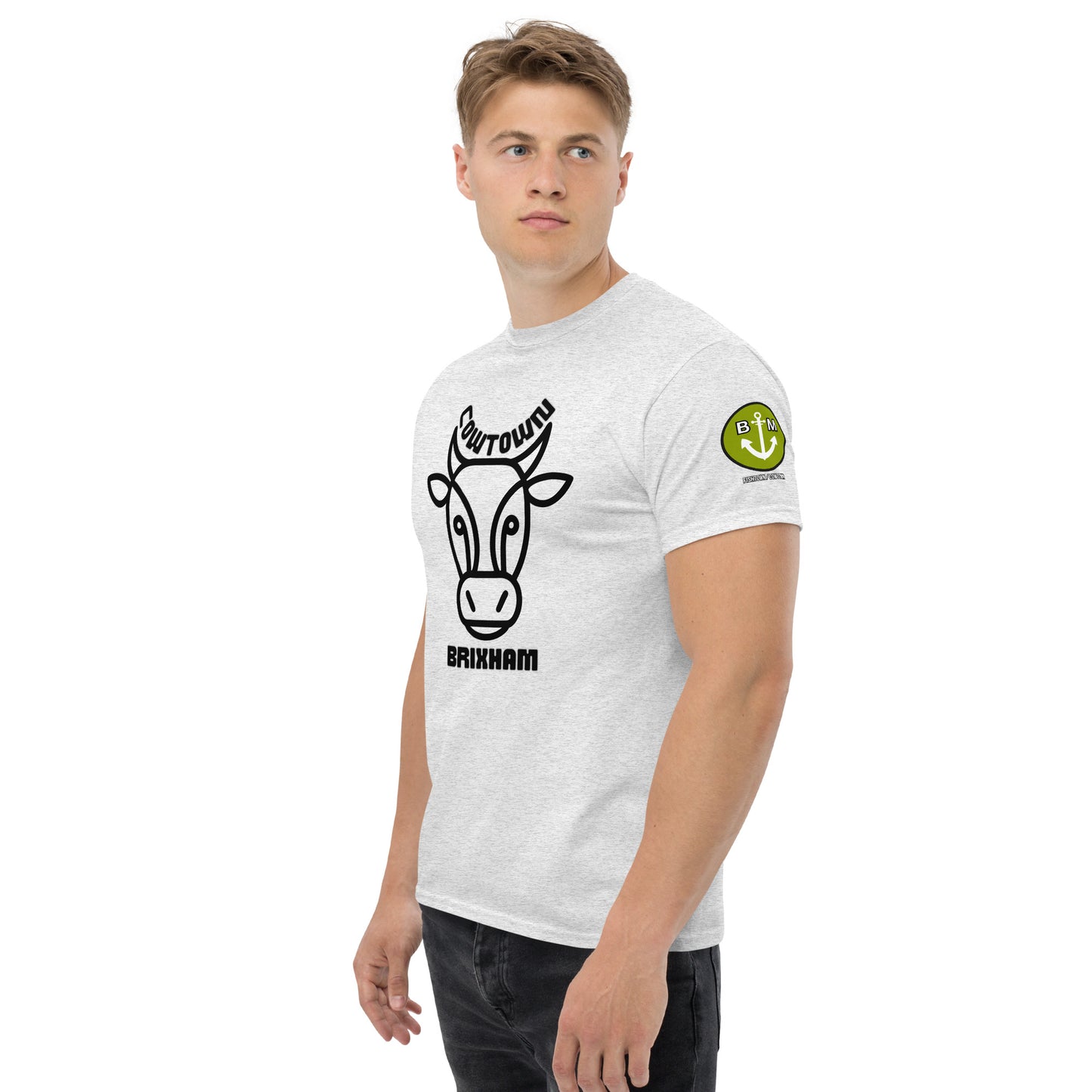 BRIXHAM BM Cowtown Men's classic tee front and left with logo ash 