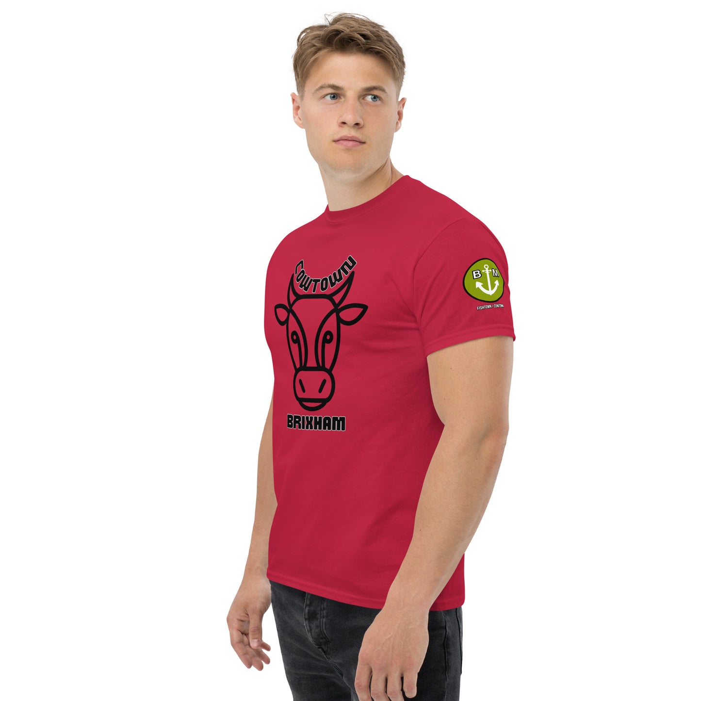 BRIXHAM BM Cowtown Men's classic tee front and left with logo cardinal