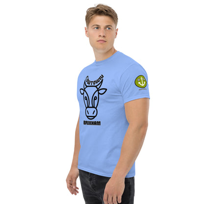 BRIXHAM BM Cowtown Men's classic tee front and left with logo carolina blue