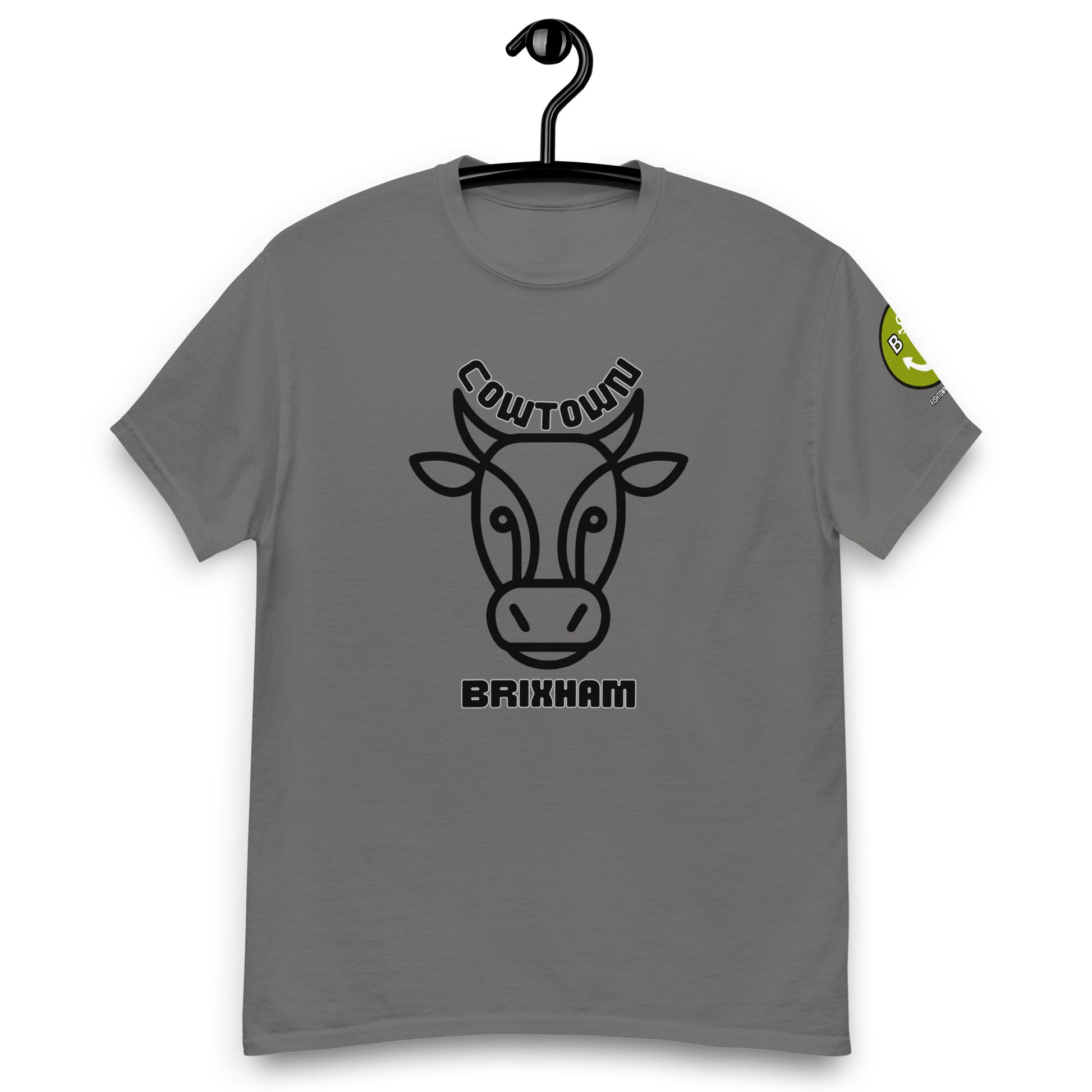 BRIXHAM BM Cowtown Men's classic tee front with logo on left sleeve charcoal
