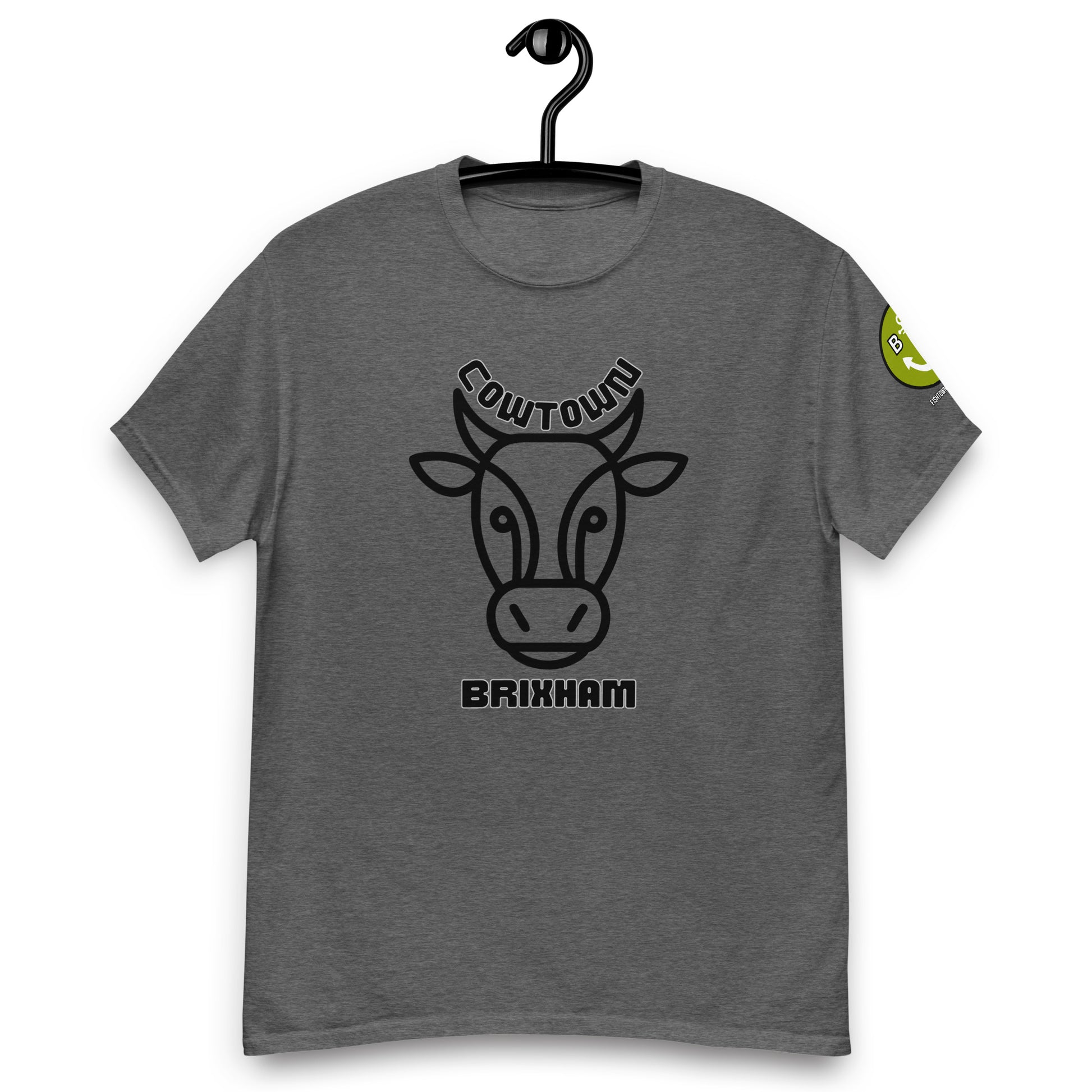 BRIXHAM BM Cowtown Men's classic tee front with logo on left sleeve dark heather