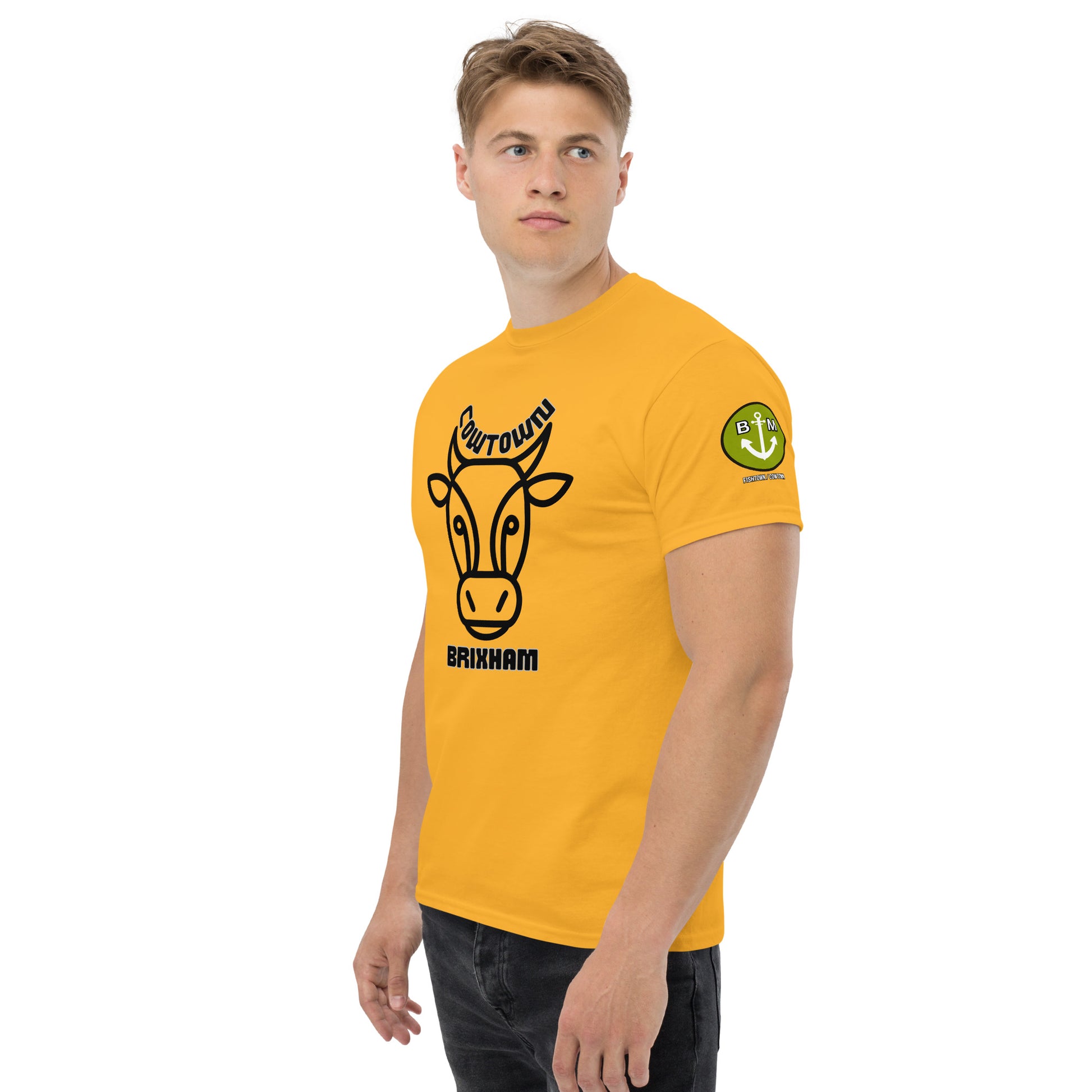 BRIXHAM BM Cowtown Men's classic tee front and left with logo gold