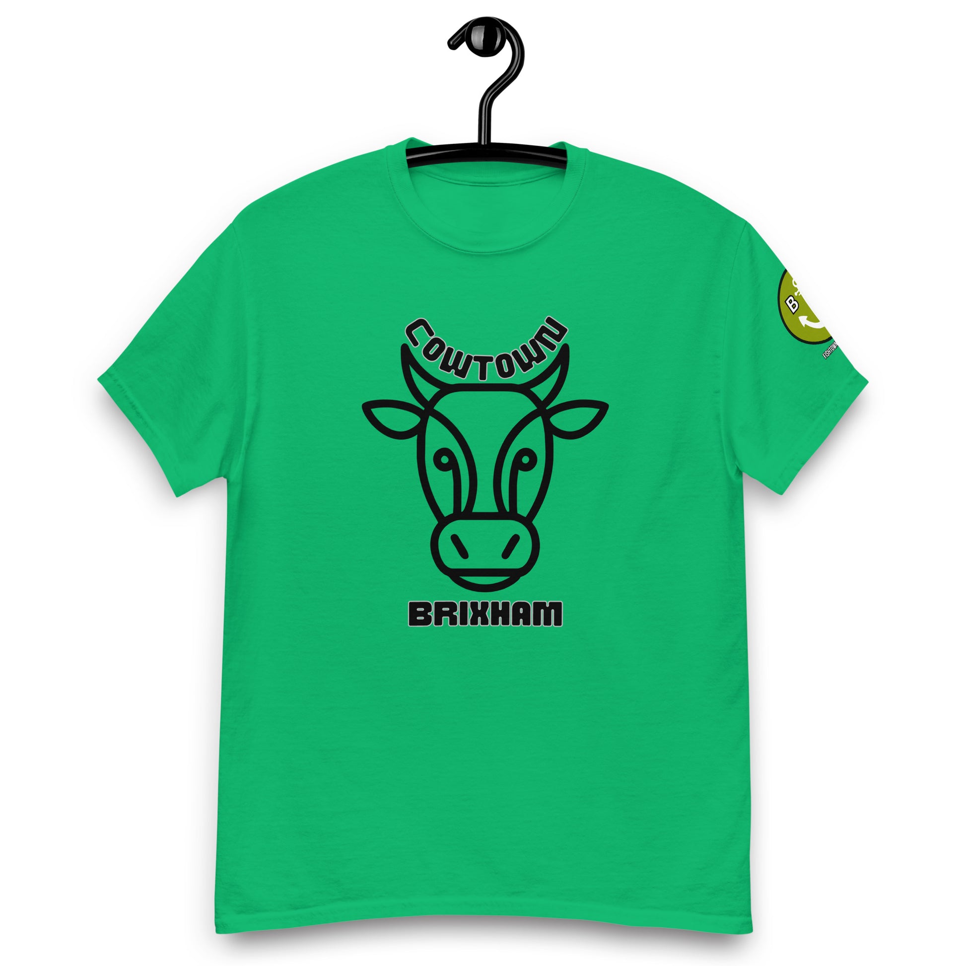 BRIXHAM BM Cowtown Men's classic tee front with logo on left sleeve irish green