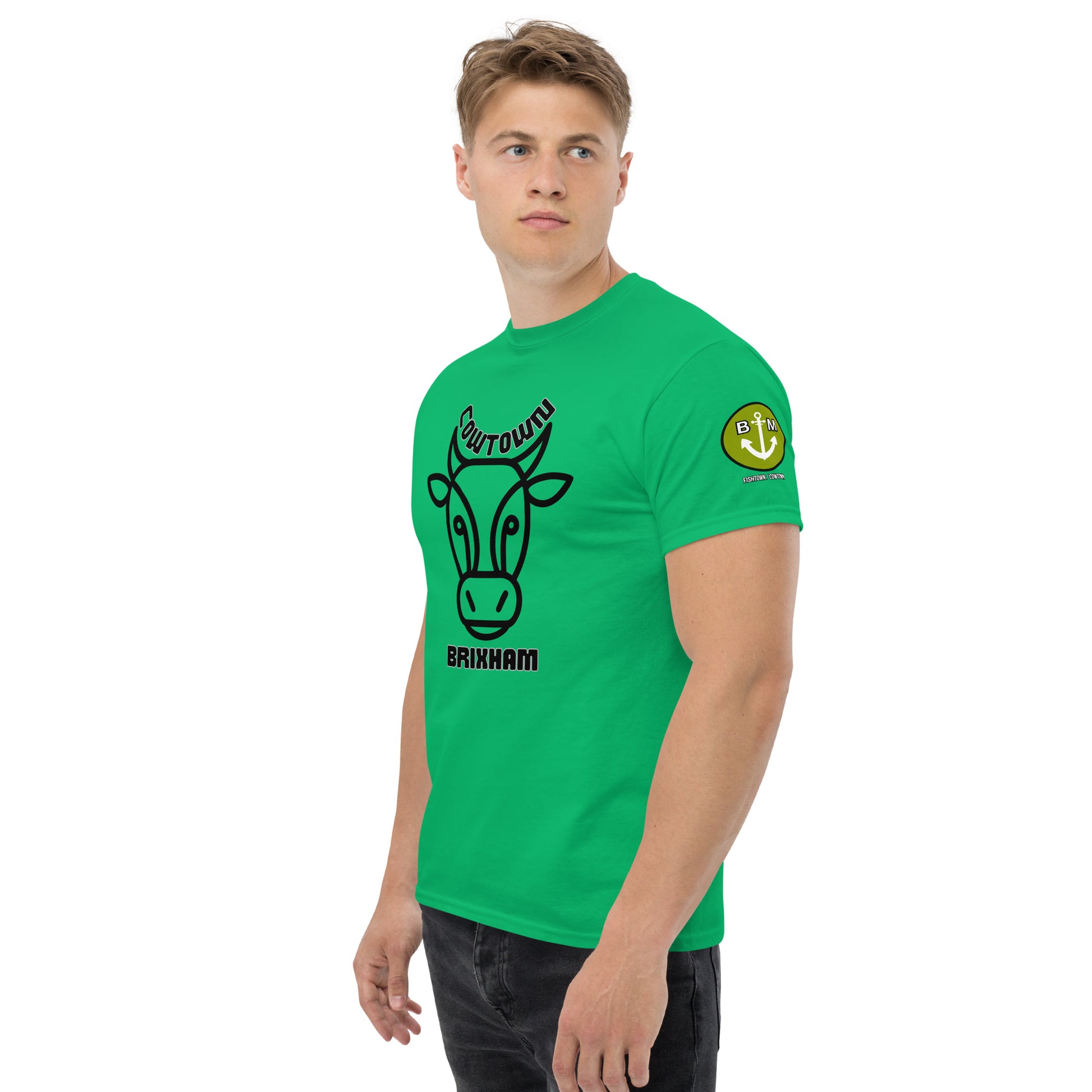 BRIXHAM BM Cowtown Men's classic tee front and left with logo irish green