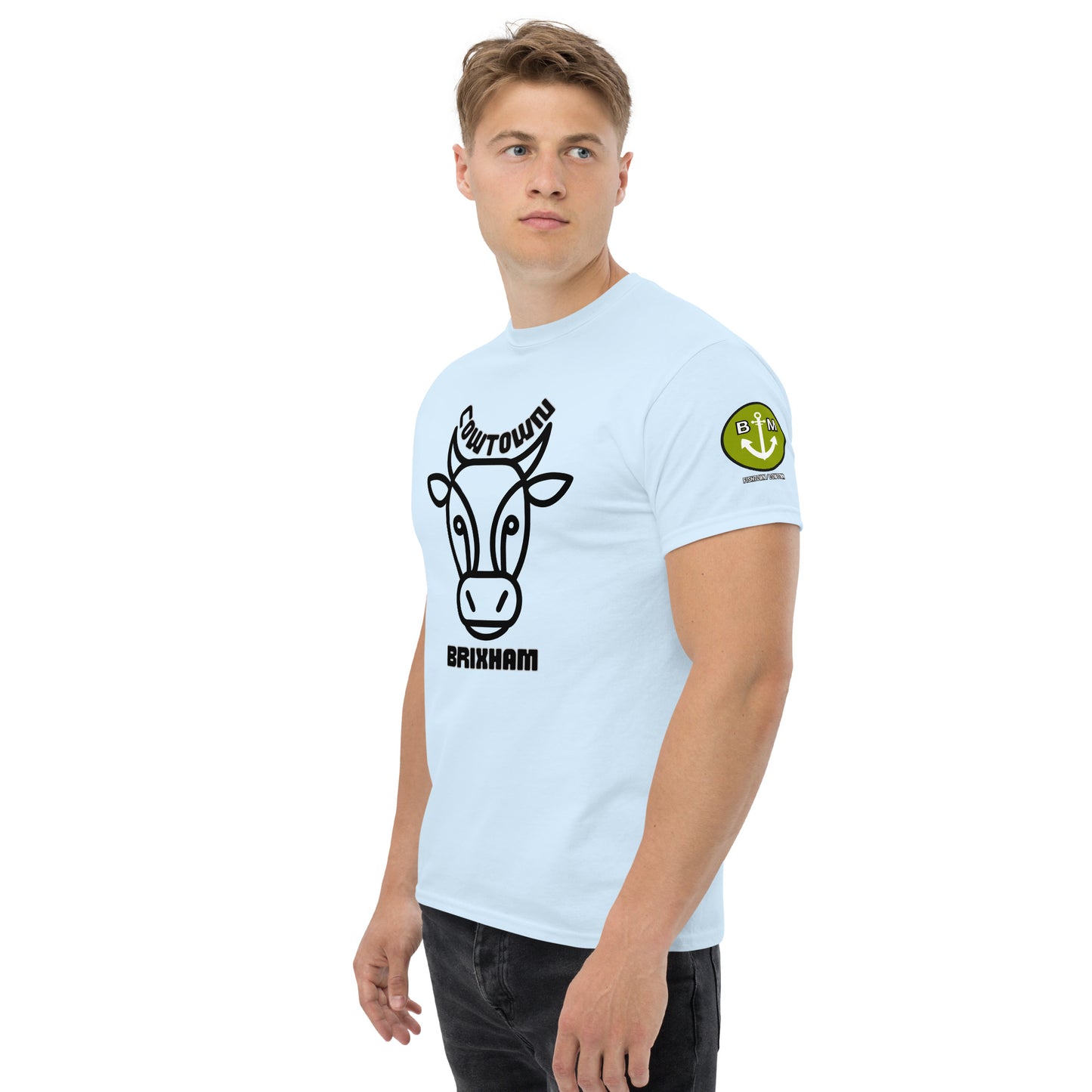 BRIXHAM BM Cowtown Men's classic tee front and left with logo light blue