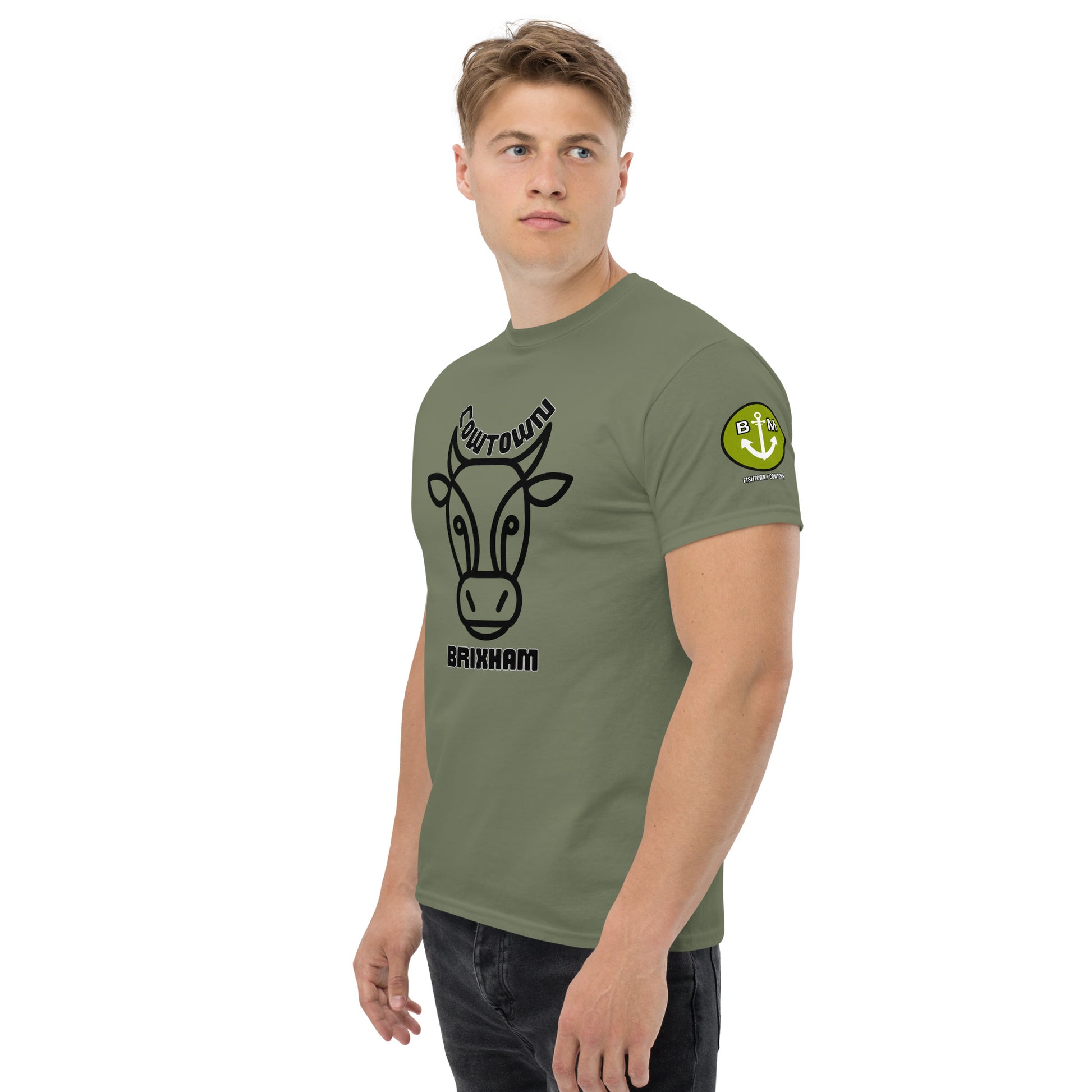 BRIXHAM BM Cowtown Men's classic tee front and left with logo military green