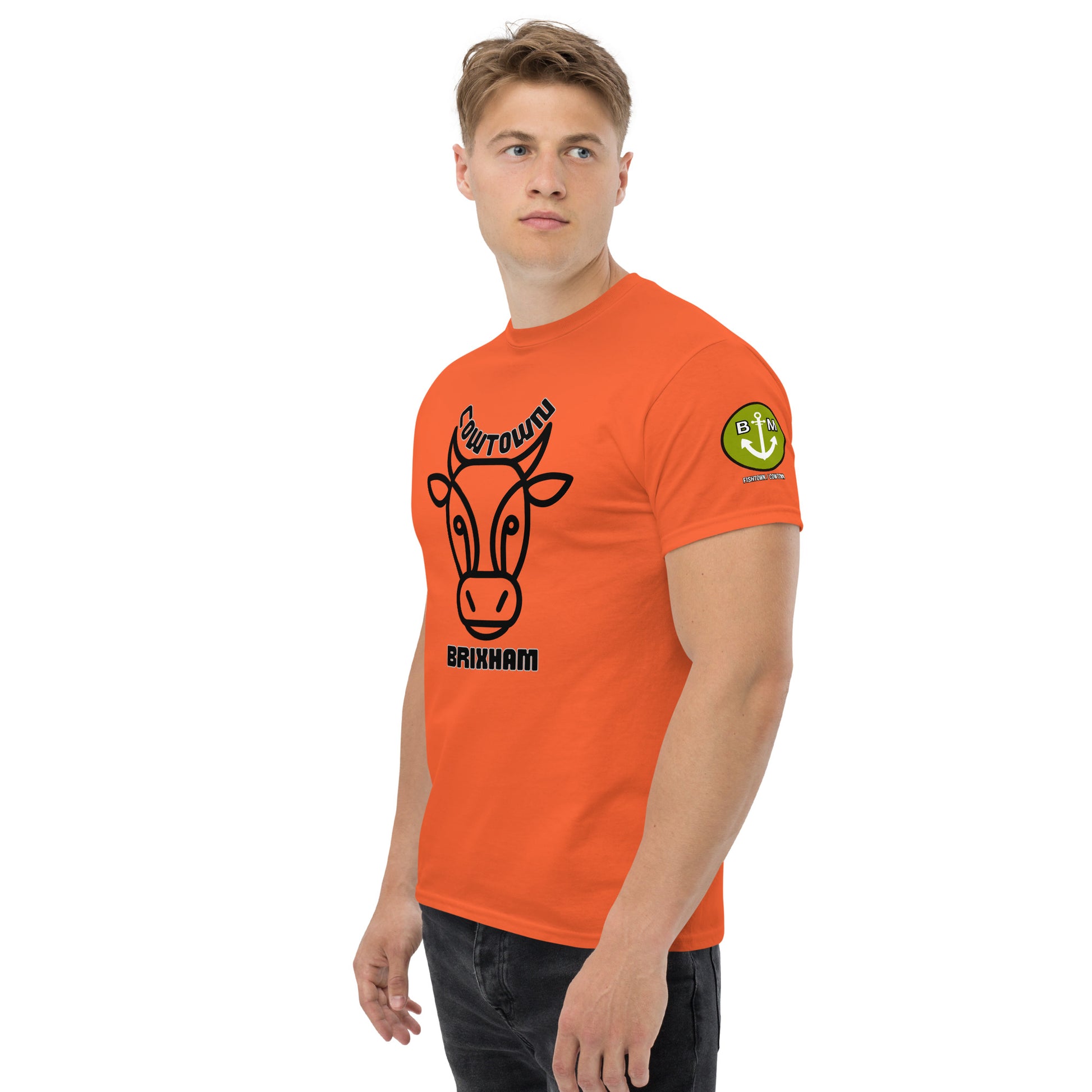 BRIXHAM BM Cowtown Men's classic tee front and left with logo orange