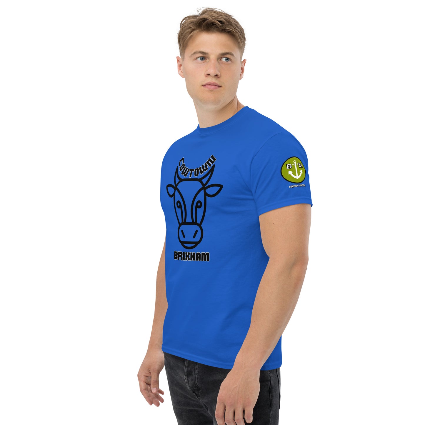 BRIXHAM BM Cowtown Men's classic tee front and left with logo royal blue