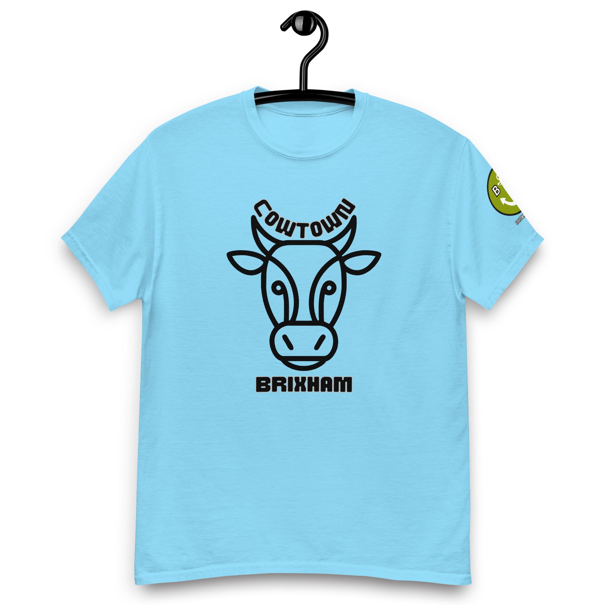 BRIXHAM BM Cowtown Men's classic tee front with logo on left sleeve sky blue
