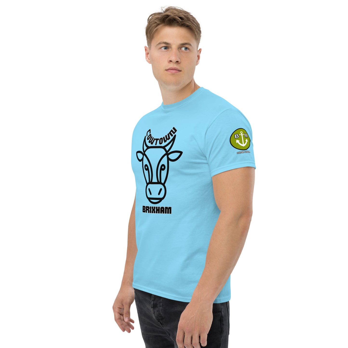 BRIXHAM BM Cowtown Men's classic tee front and left with logo sky blue