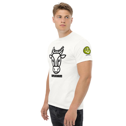 BRIXHAM BM Cowtown Men's classic tee front and left with logo white