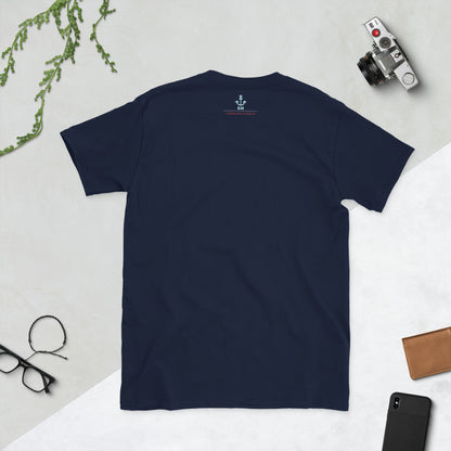 BRIXHAM BM Hook Short-Sleeve Unisex T-Shirt back navy with logo