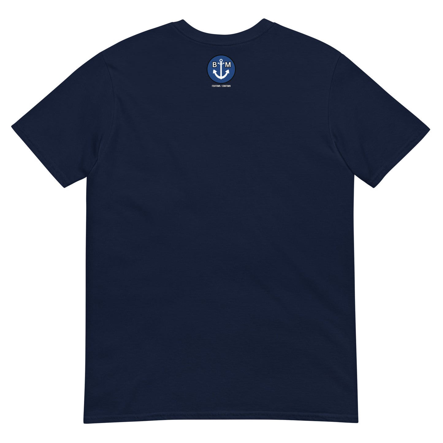 BRIXHAM BM Trawler Short-Sleeve Unisex T-Shirt back with BM logo navy