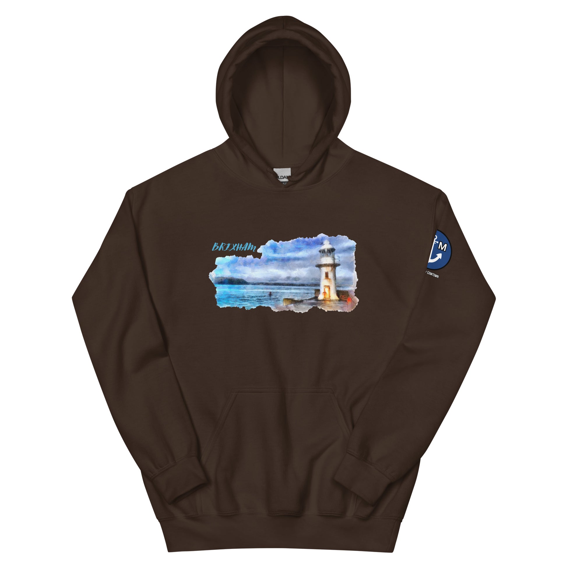 BRIXHAM BM Lighthouse Unisex Hoodie front dark chocolate