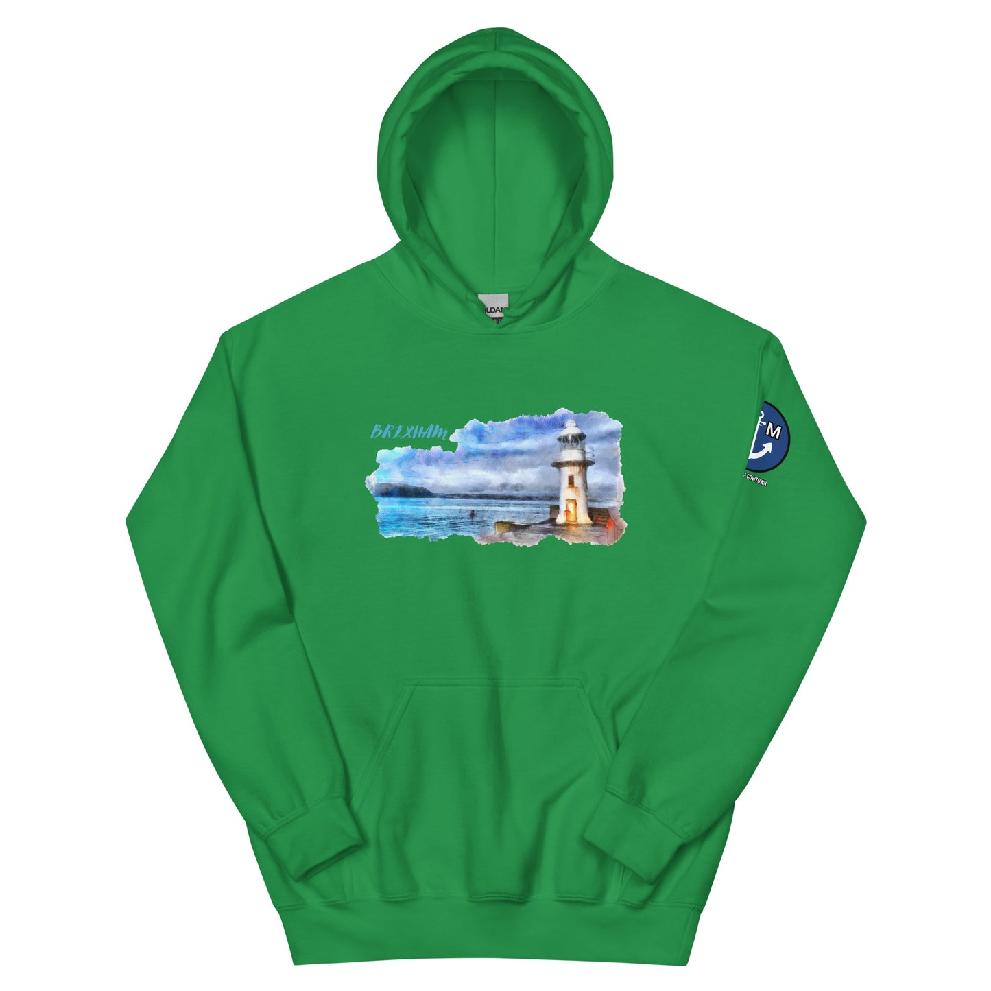 BRIXHAM BM Lighthouse Unisex Hoodie front irish green