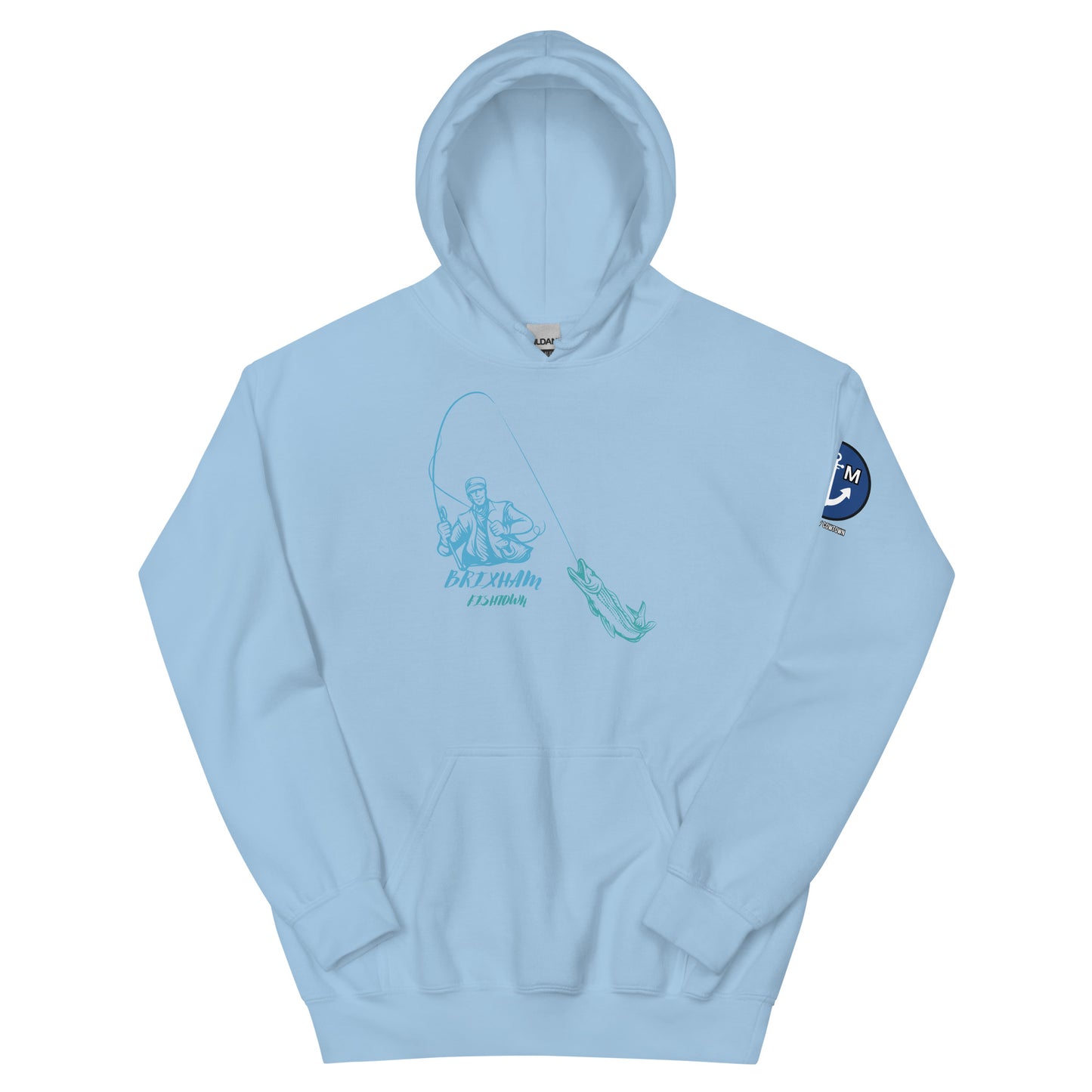 BRIXHAM BM Fishing Unisex Hoodie front light blue