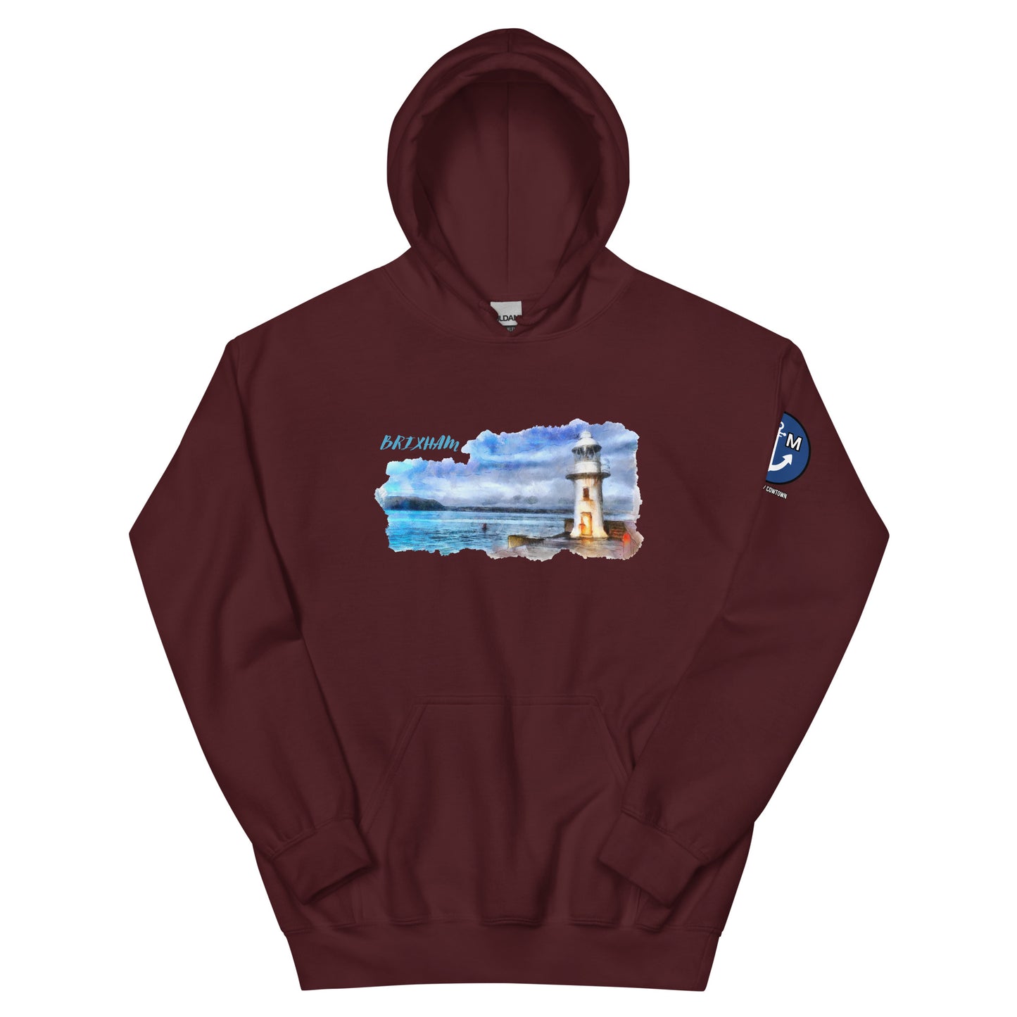 BRIXHAM BM Lighthouse Unisex Hoodie front maroon