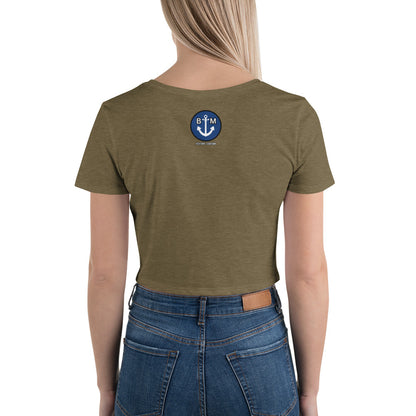 BRIXHAM BM Trawler Women’s Crop Tee back Olive with BM logo