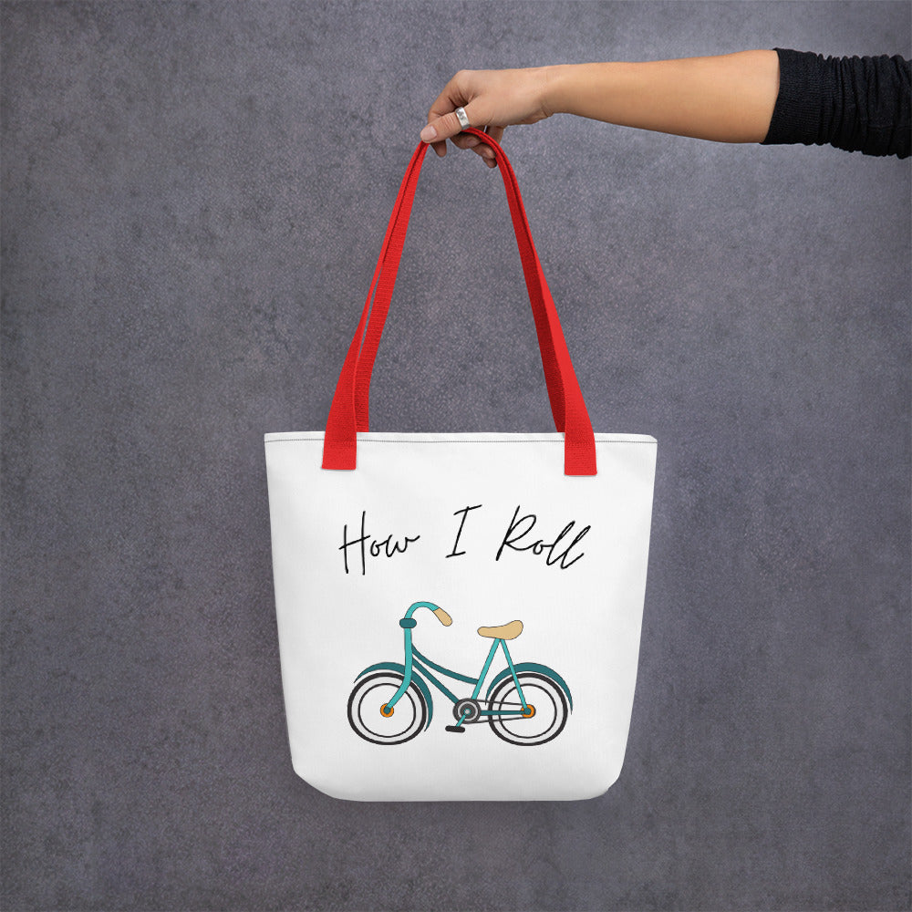 MYNY Hub "How I Roll" NYC  Tote Bag front red handles