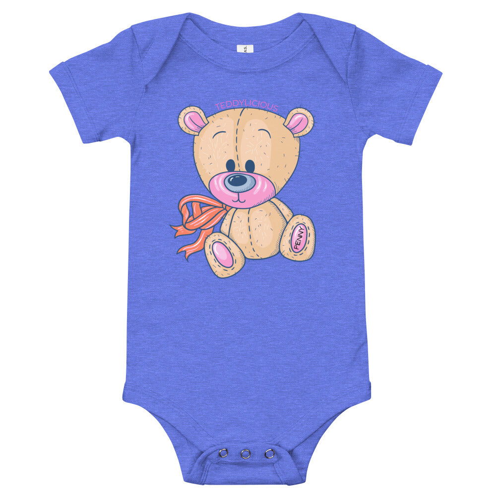 Teddylicious "Penny" Teddy Bear Baby Short Sleeve Onesie columbia blue