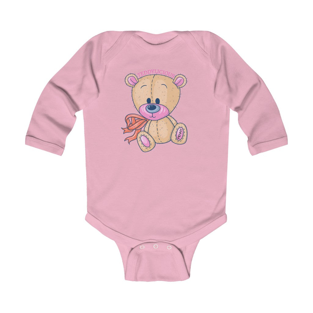 Teddylicious "Penny" Teddy Bear Baby Long Sleeve Onesie pink  front