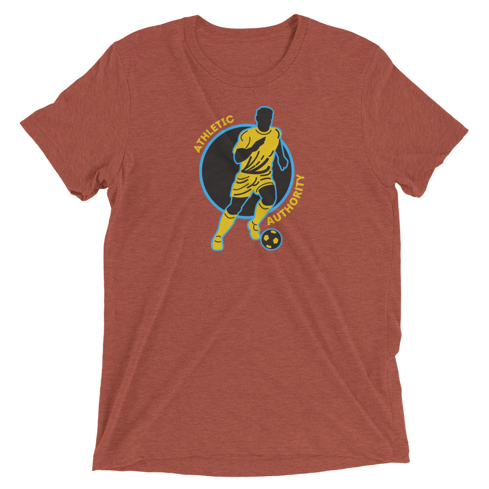 Athletic Authority" Soccer Yellow Blue" Unisex Tri-Blend Short sleeve t-shirt
