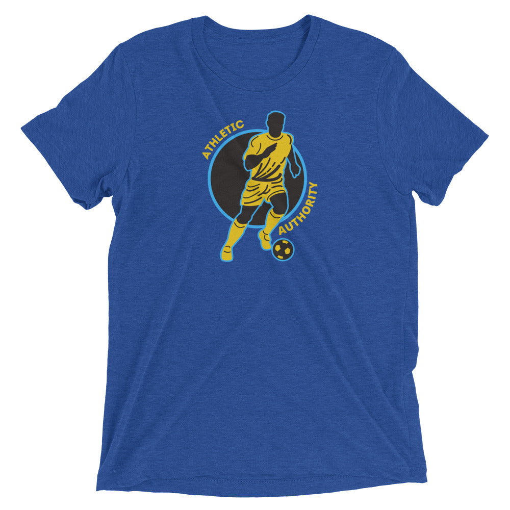Athletic Authority" Soccer Yellow Blue" Unisex Tri-Blend Short sleeve t-shirt